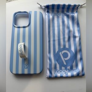 iPhone 16 Pro Max. Righty. Loopy Case Light Blue and White Striped Phone Cover
